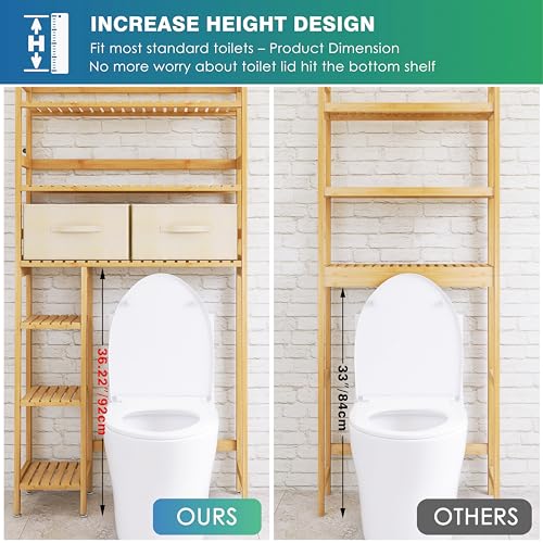 SMIBUY Over The Toilet Storage, Bamboo 6-Tier Bathroom Storage Shelf with Drawers, Freestanding Above Toilet Organizer Rack, Mass-Storage, Space Saver for Small Room (Natural)