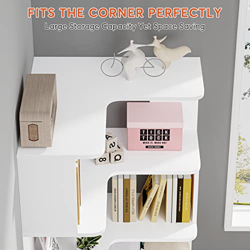 LITTLE TREE Corner Bookshelf, 64.9 Inch Tall Bookcase with Anti-Drop Panel, Modern Freestanding Corner Shelf Display Rack Storage Organizer for Home Office, Living Room, White