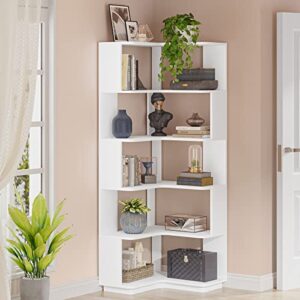 LITTLE TREE Corner Bookshelf, 64.9 Inch Tall Bookcase with Anti-Drop Panel, Modern Freestanding Corner Shelf Display Rack Storage Organizer for Home Office, Living Room, White