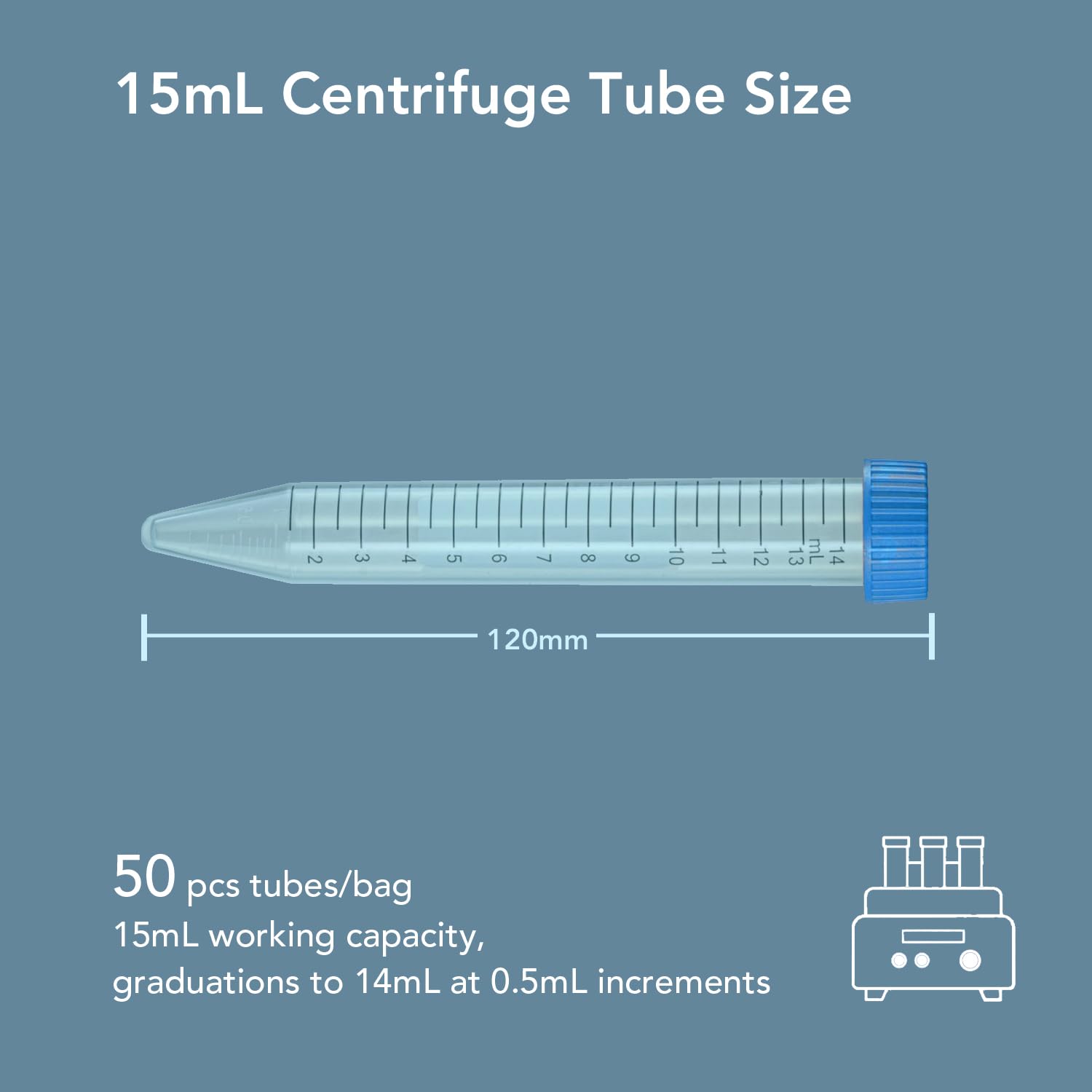 VISOSCI Autoclavable Polypropylene Centrifuge Tubes, Volume 15ml, White Printed Graduated Marks from 1.5ml to 14ml, Assembled Leak-Proof Screw Cap, Gamma Sterile, 50pcs/Bag