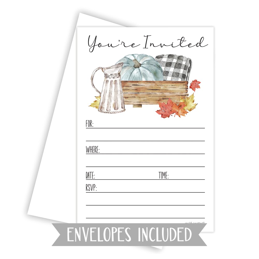 Rustic Fall Harvest Invitations - (20 Count) Autumn Country Watercolor 4x6 Invitations With Envelopes for Bridal, Baby Shower, Wedding, School, Neighborhood & Church Events