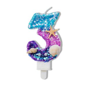 number 3 candle, blue purple gradient sequin birthday candle 3 for cake great for a mermaid or under the sea party.