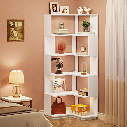 LITTLE TREE Corner Bookshelf, 64.9 Inch Tall Bookcase with Anti-Drop Panel, Modern Freestanding Corner Shelf Display Rack Storage Organizer for Home Office, Living Room, White