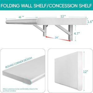 Concession Shelf 48"L x 12"W，22 gauge ASTM 304 Stainless Steel Folding Serving Food Shelf ，Wall Mount Shelving , Stainless Steel Shelf For Food Truck, grill area,BBQ working table, Restaurant .NSF