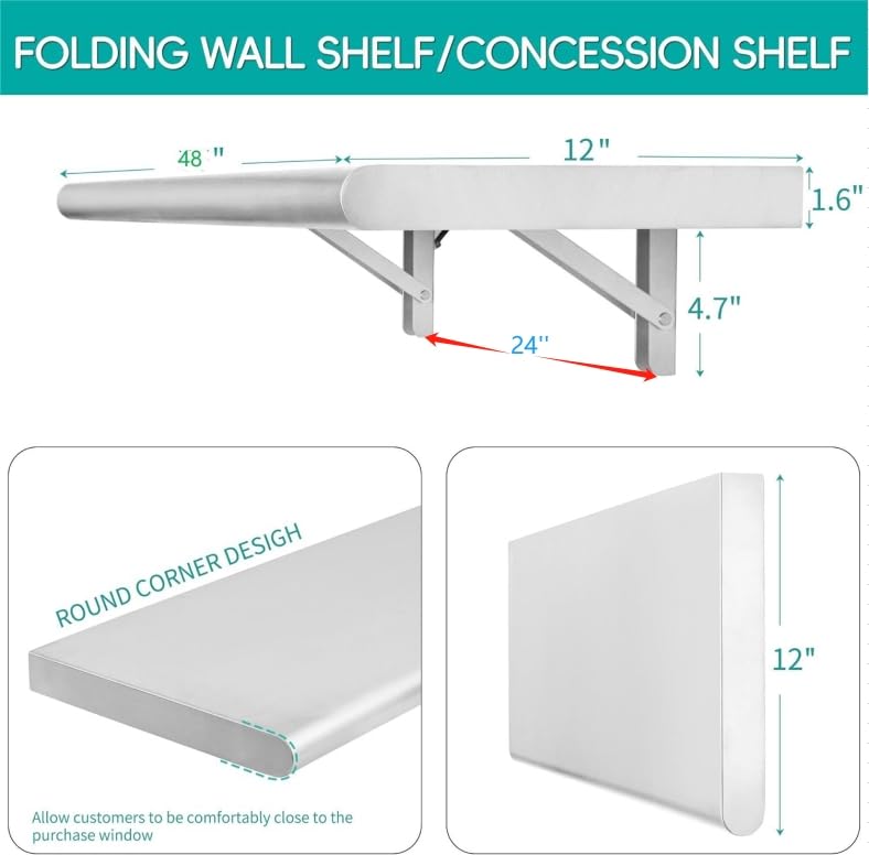 Concession Shelf 48"L x 12"W，22 gauge ASTM 304 Stainless Steel Folding Serving Food Shelf ，Wall Mount Shelving , Stainless Steel Shelf For Food Truck, grill area,BBQ working table, Restaurant .NSF