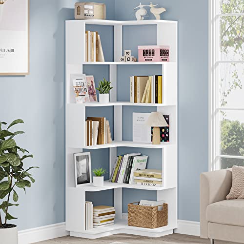 LITTLE TREE Corner Bookshelf, 64.9 Inch Tall Bookcase with Anti-Drop Panel, Modern Freestanding Corner Shelf Display Rack Storage Organizer for Home Office, Living Room, White