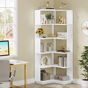 little tree corner bookshelf, 64.9 inch tall bookcase with anti-drop panel, modern freestanding corner shelf display rack storage organizer for home office, living room, white