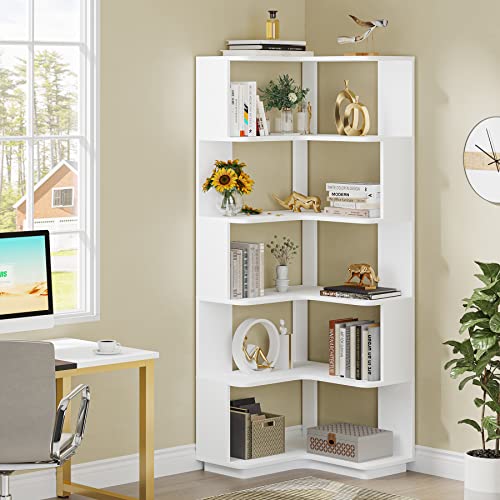 LITTLE TREE Corner Bookshelf, 64.9 Inch Tall Bookcase with Anti-Drop Panel, Modern Freestanding Corner Shelf Display Rack Storage Organizer for Home Office, Living Room, White