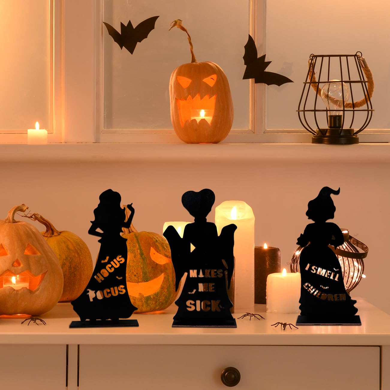 3Pcs Hocus Pocus Wooden Table Centerpieces, Hocus Pocus Halloween Decoration Silhouette Witch Signs Decor, I Smell Children &Makes Me Sick Halloween Wooden Signs