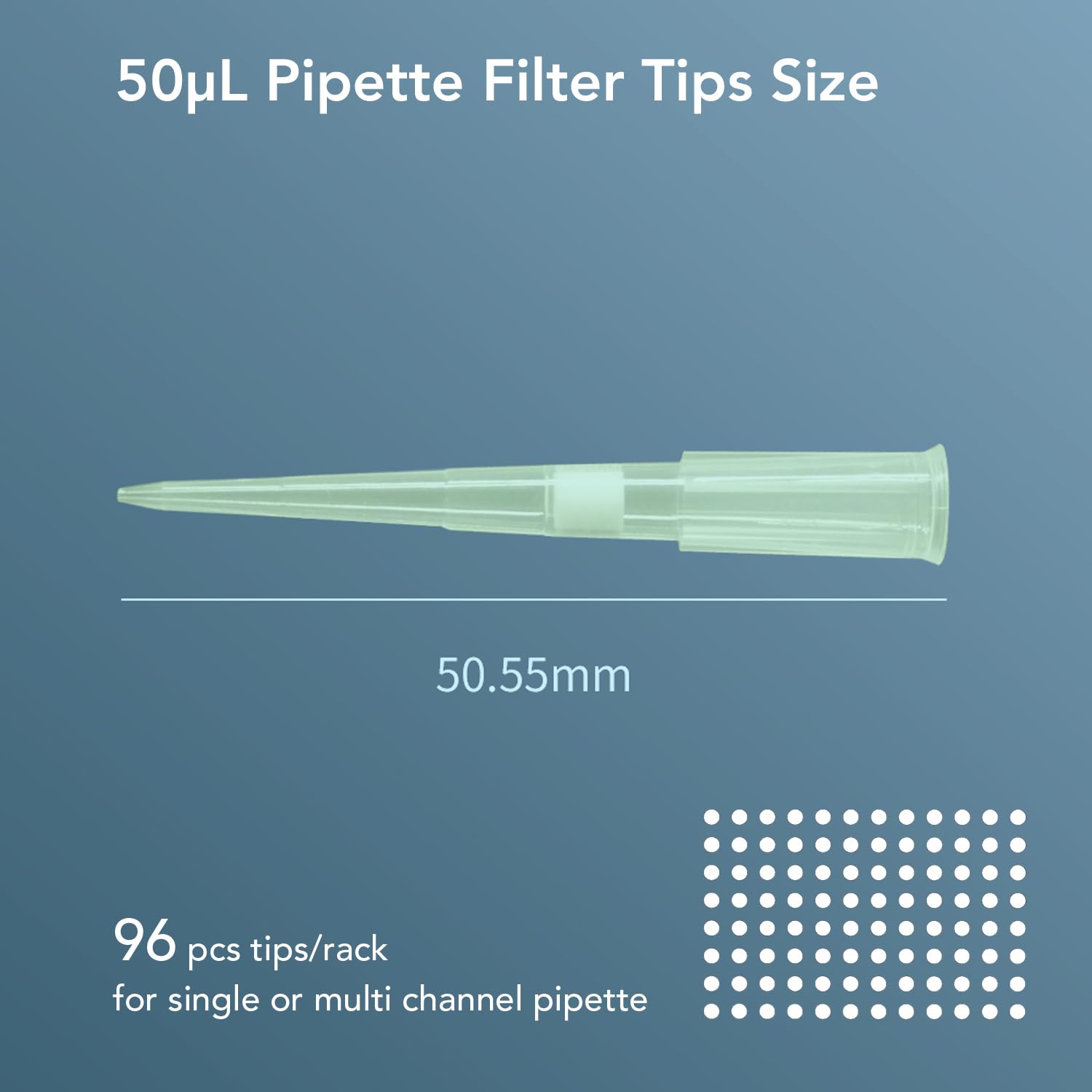 VISOSCI Disposable Racked 50uL Sterile Filter Tips DNA/RNA Free Pipette Tips with Filter 96 Hole Per Box in Rack for Micropipette