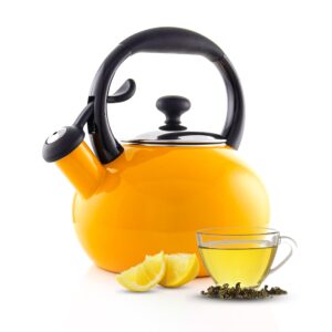 chantal 1.8 qt kettle, buttons series, premium enamel on carbon steel, whistling, even heating & quick boil (marigold)