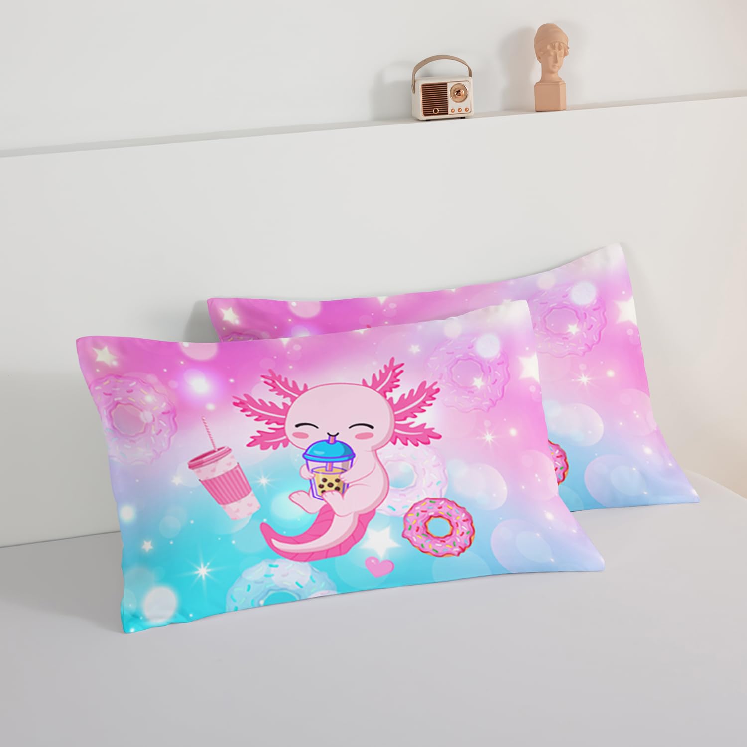 HOSIMA Axolotl Twin Comforter Set Cute Animal Bedding Room Decor for Teen Girls Dessert Milk Tea Donut Bed Princess Toddler Bedding Set Fantasy Blue Purple Twin Bed in a Bag Sets for Adults Teens.