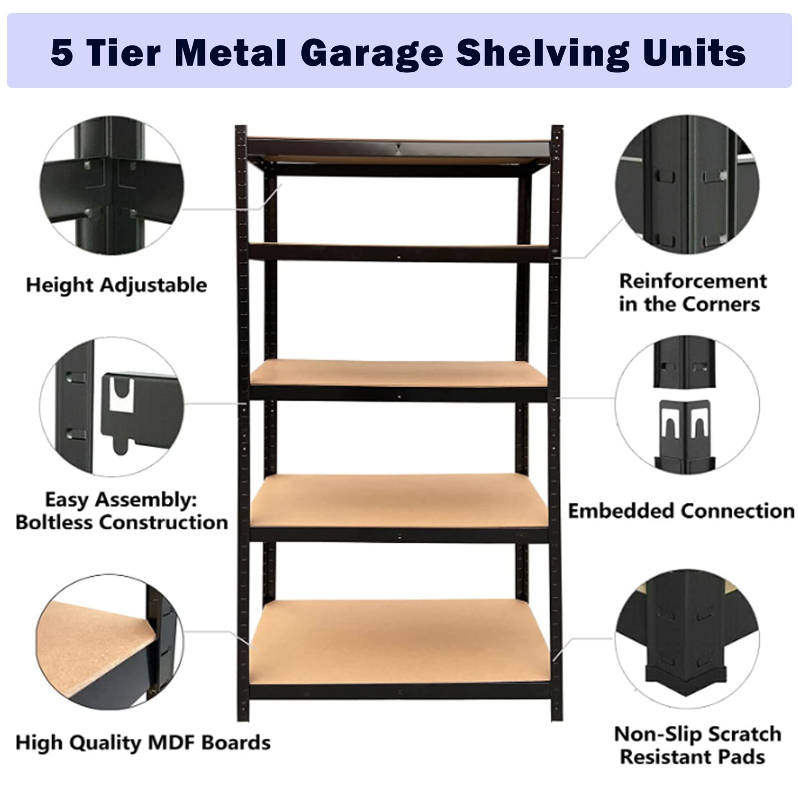 VickyHome 5 Tier Heavy Duty Garage Shelving Multipurpose Shelving Unit Shelf Organizer with Adjustable Height, Metal Pantry Organizers and Storage Kitchen Shelf for Kitchen Pantry Bathroom, 180cm