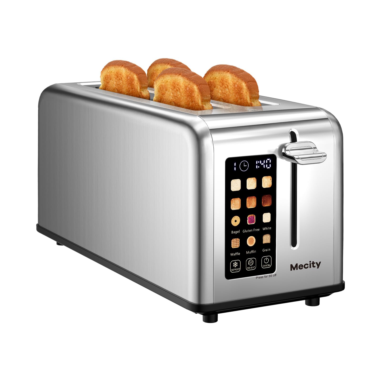 Mecity 4 Slice Toaster Touch Screen 1.5" Long Slot, Stainless Steel Smart Bread Toaster for Bagel Muffin Waffle Gluten Free Breads, Timer, Defrost, Reheat, 120V 1400W