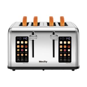 mecity 4 slice toaster touch screen control 4 wide slot, stainless steel smart bread toaster for bagel muffin waffle, dual control pannel, timer, defrost, reheat, 120v 1650w