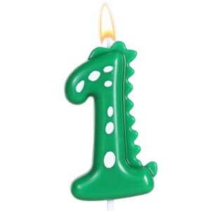 green number 1 dinosaur candle for boy birthday party decorations, 1st birthday dinosaur party supplies, dino theme birthday number candle cake topper decorations