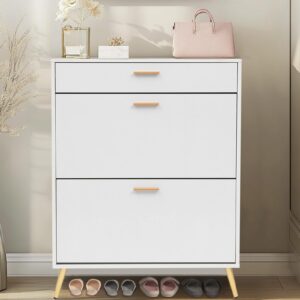 KUMIUNION Shoe Storage Cabinet with 2 Flip Drawers&1 Drawer, Slim Freestanding Storage Racks for Entryway, Hallway, Hidden Narrow Shoe Organizers Perfect for Heels, Boots, Slippers, White