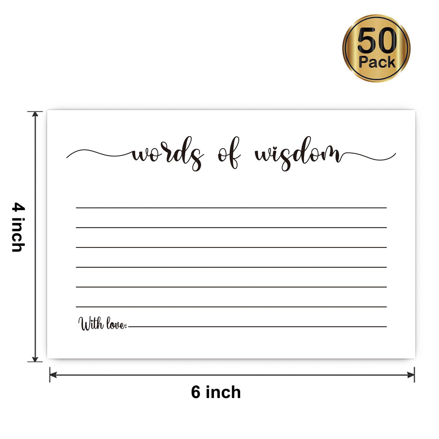 50 Words of Wisdom Card, Blank Advice Cards, for Bridal or Baby Shower Party Games, Mr and Mrs Bride Groom, Graduation (4" x 6")