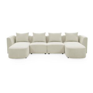 OMMGG U Shape Sectional Sofa, Modular Upholstered Couch with Two Single Seats and 2 Chaises, DIY Combination, Loop Yarn Fabric, for Living Room, Apartments,Lounges, and Clubs, 117, Ivory