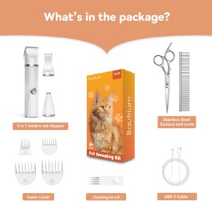 Cat Grooming Clippers Kit for Matted Hair, Bautrium 3 in 1 Electric Pet Hair Trimmer for Thick Hair, Heavy Coat Butt Shaver Cordless Cat Razor Claw Fur Trimmer for Dogs and Other Small Animals at Home