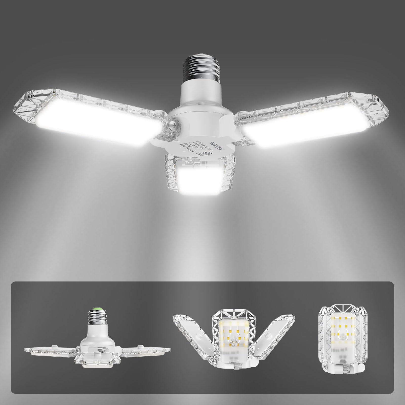 SANSI 300W Equiv. LED Garage Ceiling Light Deformable, 30W 3300LM 5000K Daylight Bright LED Shop Lights with 3 Adjustable Panels, ETL Certified, Screw in E26 Socket for Workshop Storage Room Basement