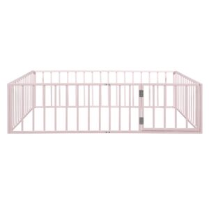 Flieks Metal Floor Bed, Queen Size Floor Bed Frame with Fence and Door for Kids Teens Adults, Easy Assembly, Pink