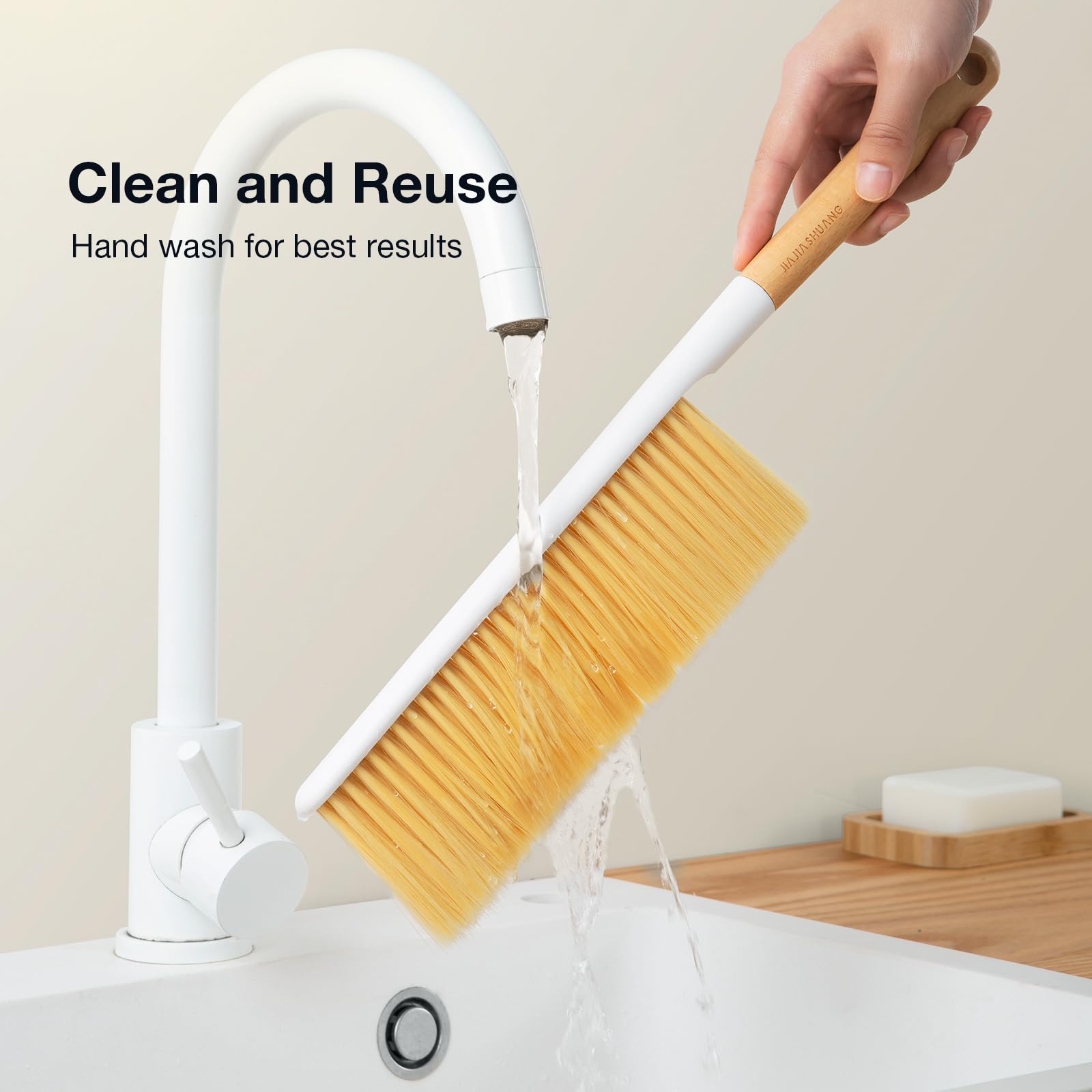 OSCIOSS Hand Broom Cleaning Brush, Soft Bristle Dust Brushes with Wood Handle, Household Cleaning Brushues for Car, Carpet, Garden, Clothes, Various Furniture Such As Beds, Sofas (Natural)