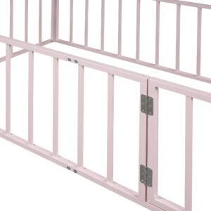 Merax Full Size Metal Floor Bed Frame with Safety Guardrails Fence and Door for Boys,Girls,Teens,Pink