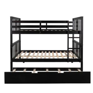 MERITLINE Bunk Bed Full Over Full Size, Wooden Full Bunk Beds with Twin Size Trundle and Ladder, Space Saving Design Bedroom Furniture (Espresso)