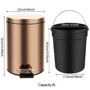 HYZSWGC 2.1 Gallon/ 8 Liter Metal Trash Can with Lid Soft Close, Foot Pedal-Brushed Stainless Steel, Satin Nickel Finish, Removable Inner Waste Basket, Step Trash Bin for Home, Office (Gold)