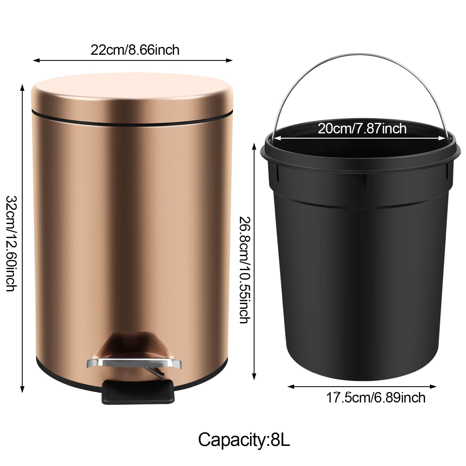 HYZSWGC 2.1 Gallon/ 8 Liter Metal Trash Can with Lid Soft Close, Foot Pedal-Brushed Stainless Steel, Satin Nickel Finish, Removable Inner Waste Basket, Step Trash Bin for Home, Office (Gold)