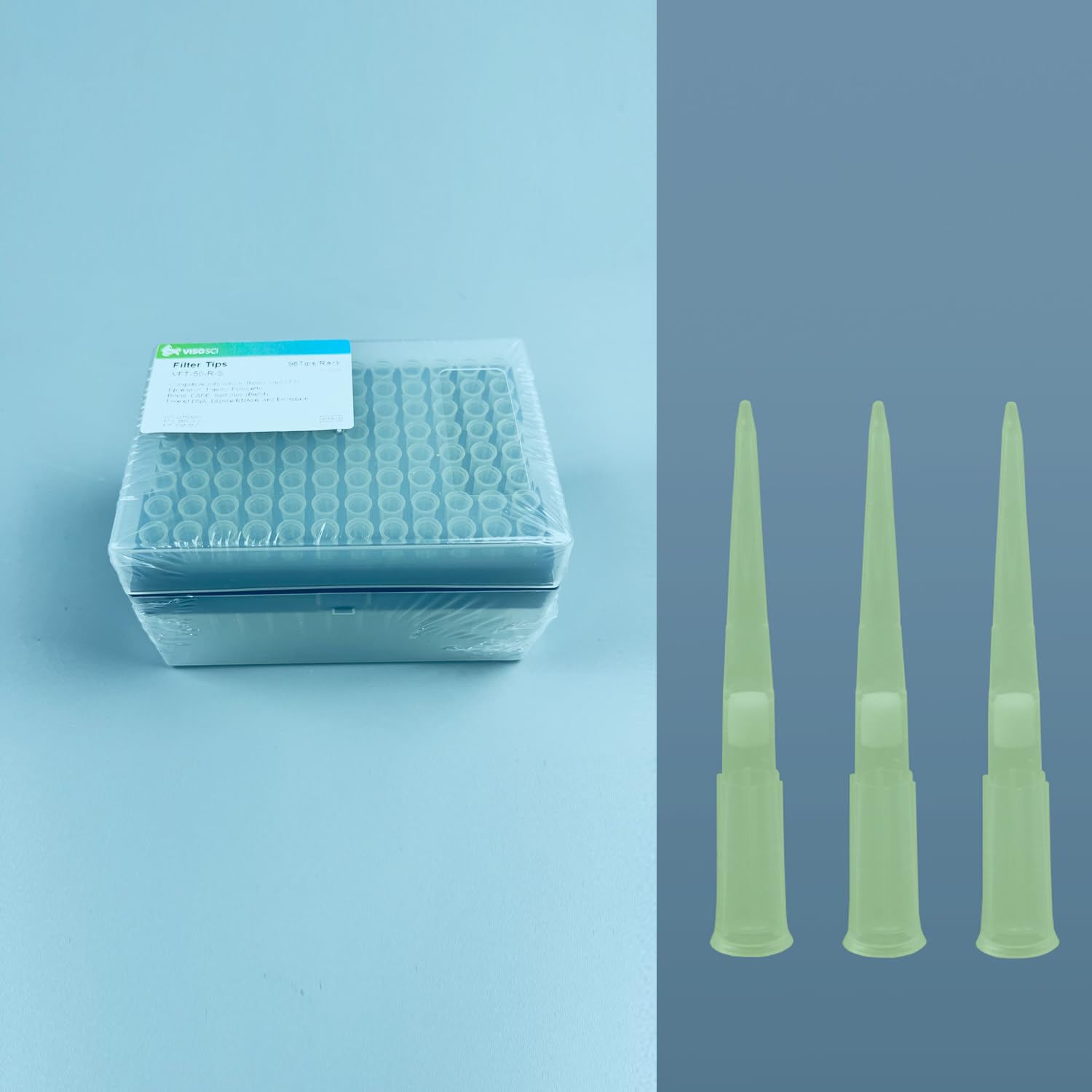 VISOSCI Disposable Racked 50uL Sterile Filter Tips DNA/RNA Free Pipette Tips with Filter 96 Hole Per Box in Rack for Micropipette