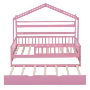 Bellemave Wooden Twin Size House Bed with Trundle,Kids Twin Playhouse Platform Bed Frame with Storage Shelves,Montessori Be for Kids Teens Girls & Boys (Pink)