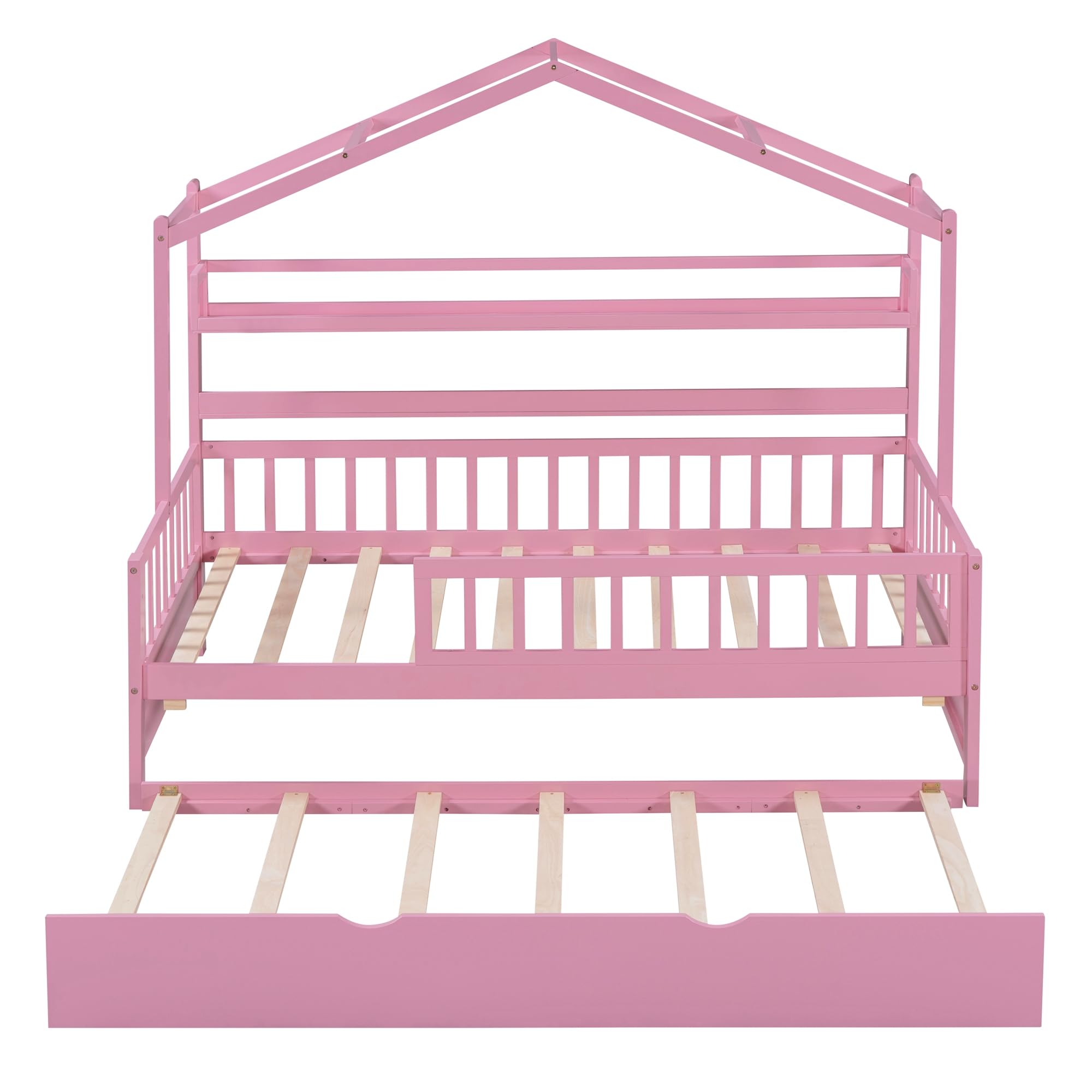 Bellemave Wooden Twin Size House Bed with Trundle,Kids Twin Playhouse Platform Bed Frame with Storage Shelves,Montessori Be for Kids Teens Girls & Boys (Pink)