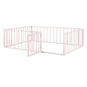 Merax Full Size Metal Floor Bed Frame with Safety Guardrails Fence and Door for Boys,Girls,Teens,Pink