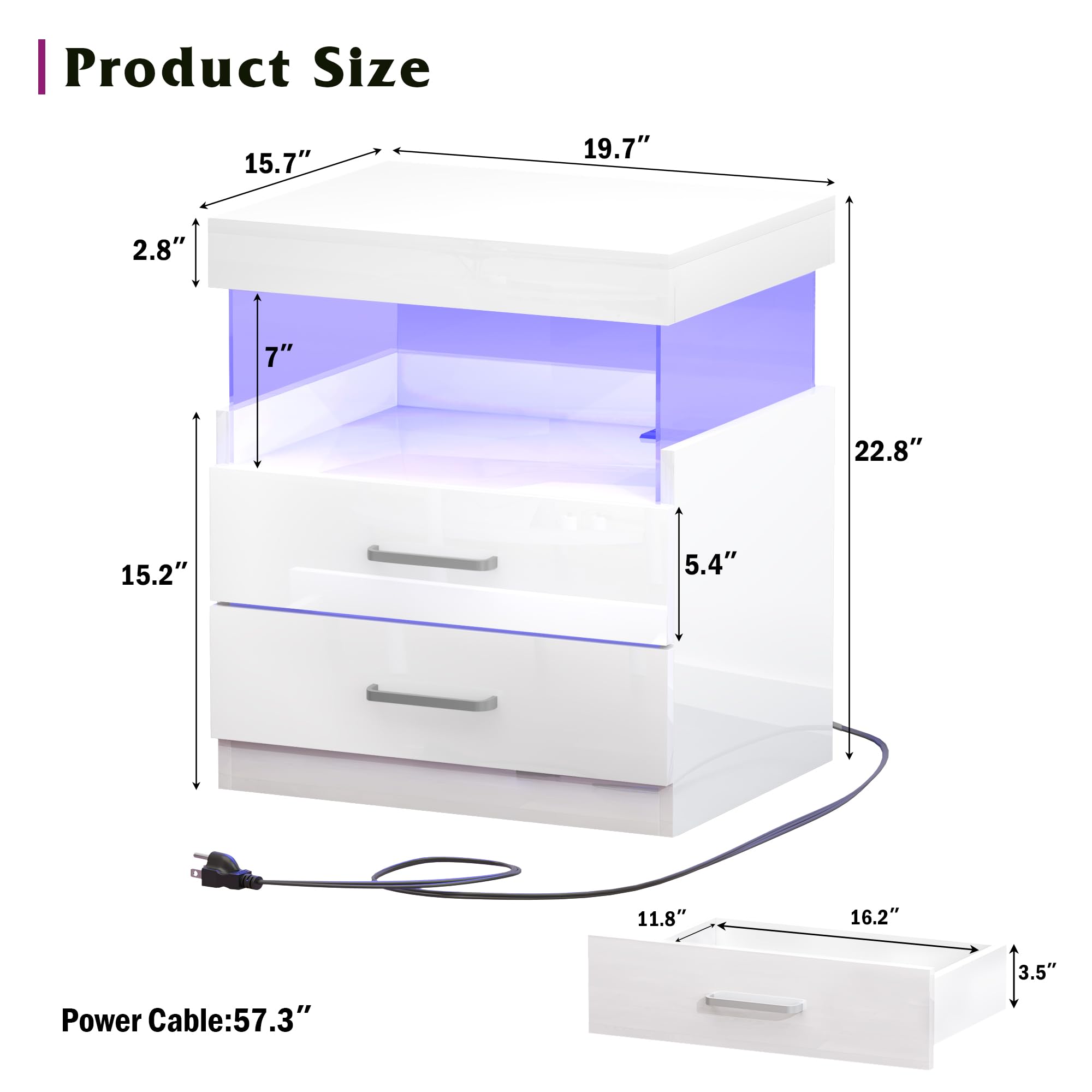 DMIDYLL High Glossy LED Nightstand, White Night Stand with Charging Station and LED Lights, Wood Night Stand with Drawers & Open Shelf, Smart Nightstand for Bedroom