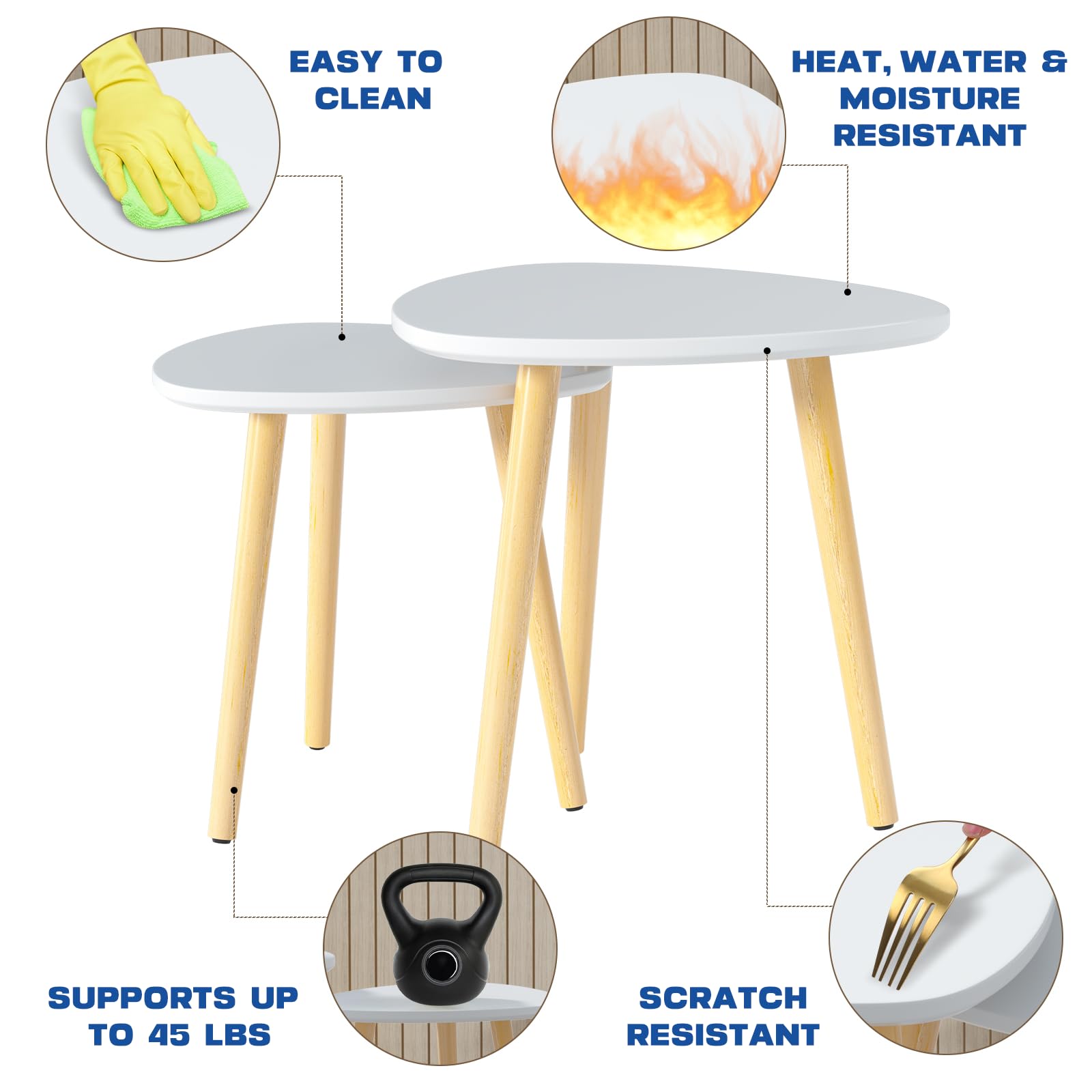 Lifetime Home Modern Semi-Nesting Table with Wooden Legs Set of 2 - Triangle Side Table for Living Room, Bedroom, Apartment & Small Spaces - Minimalist Bamboo Nested Coffee End Table - White