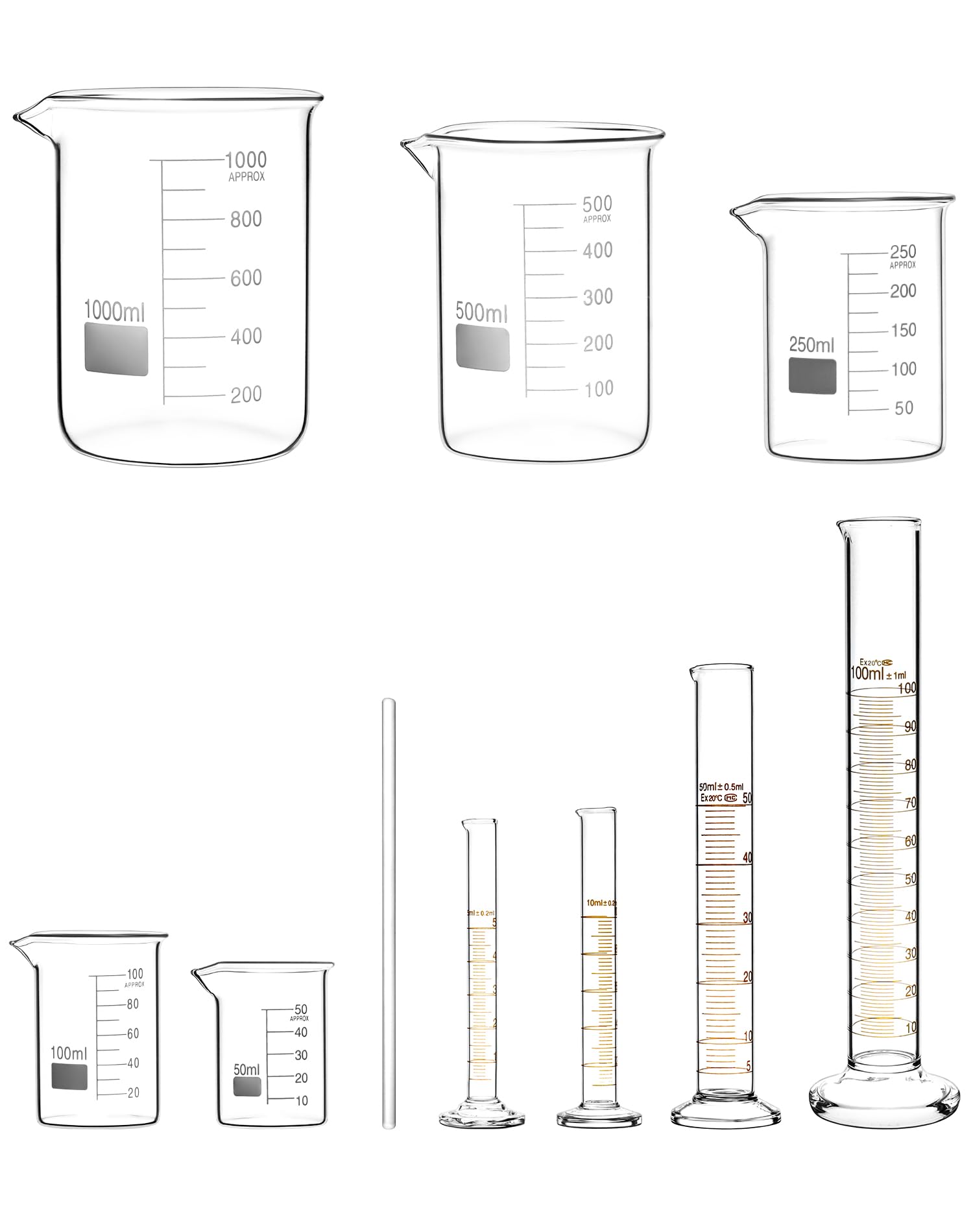 QWORK Thick Glass Measuring Beaker and Graduated Cylinder Set - Perfect for Science Labs, School Projects, and Home Labs, 50/100/ 250/500/ 1000 ml Beakers and 5/10/ 50/100 ml Cylinders