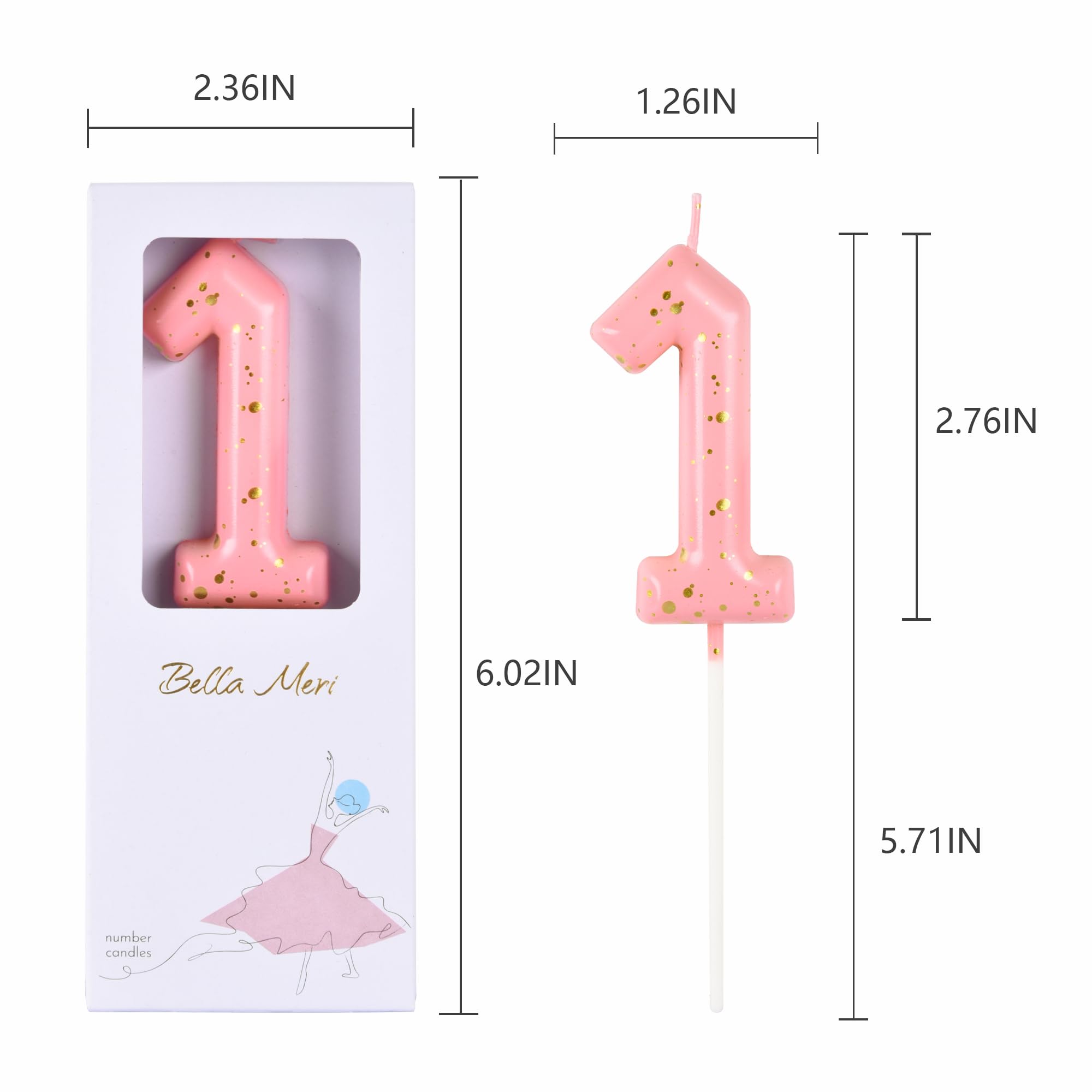 Bella Meri 2.76 Inch Classical Pink Gold 1 Number Birthday Candles, Gold Number Candles, Cake Number Candles, Party Celebration