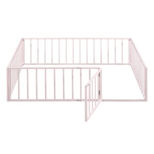 Merax Full Size Metal Floor Bed Frame with Safety Guardrails Fence and Door for Boys,Girls,Teens,Pink