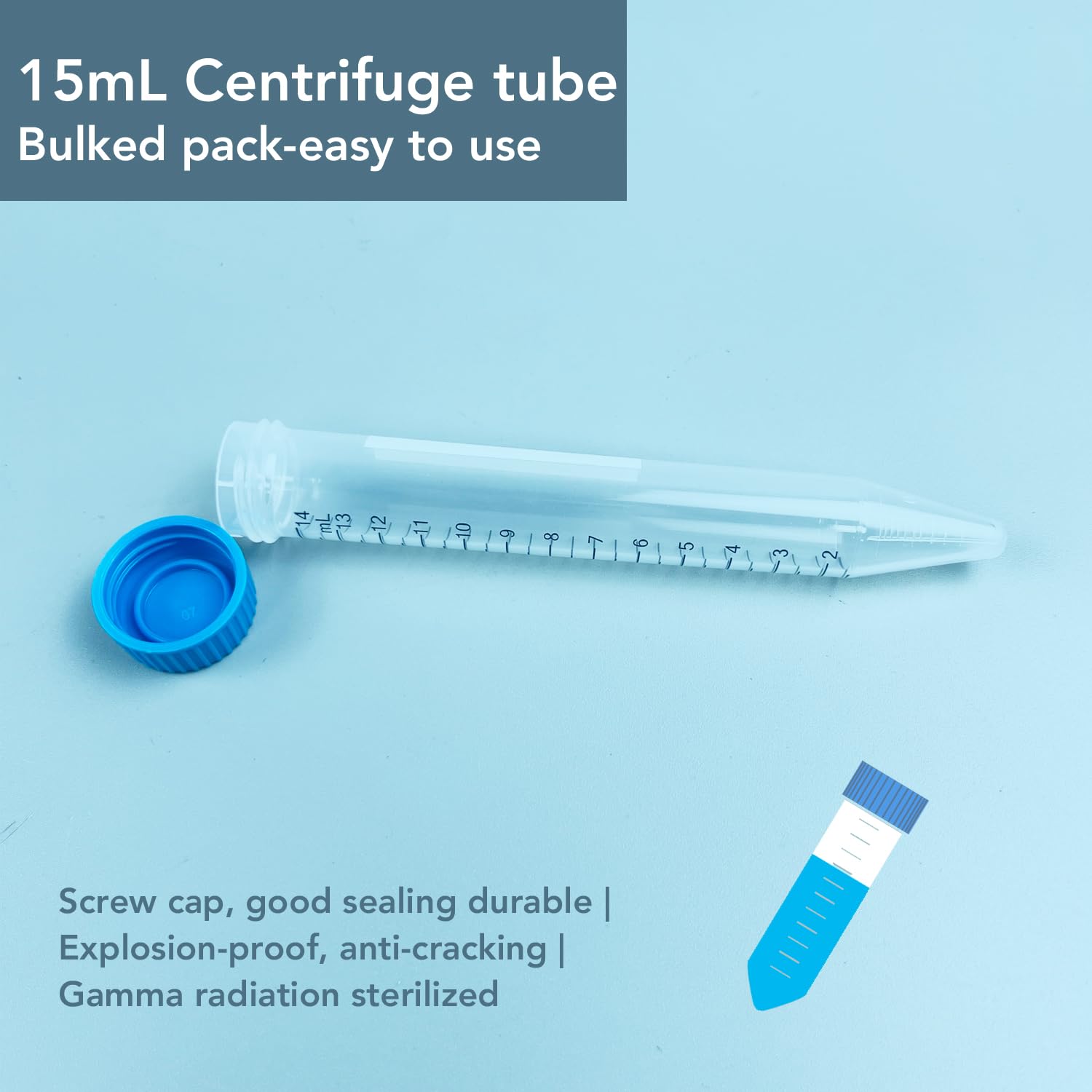 VISOSCI Autoclavable Polypropylene Centrifuge Tubes, Volume 15ml, White Printed Graduated Marks from 1.5ml to 14ml, Assembled Leak-Proof Screw Cap, Gamma Sterile, 50pcs/Bag