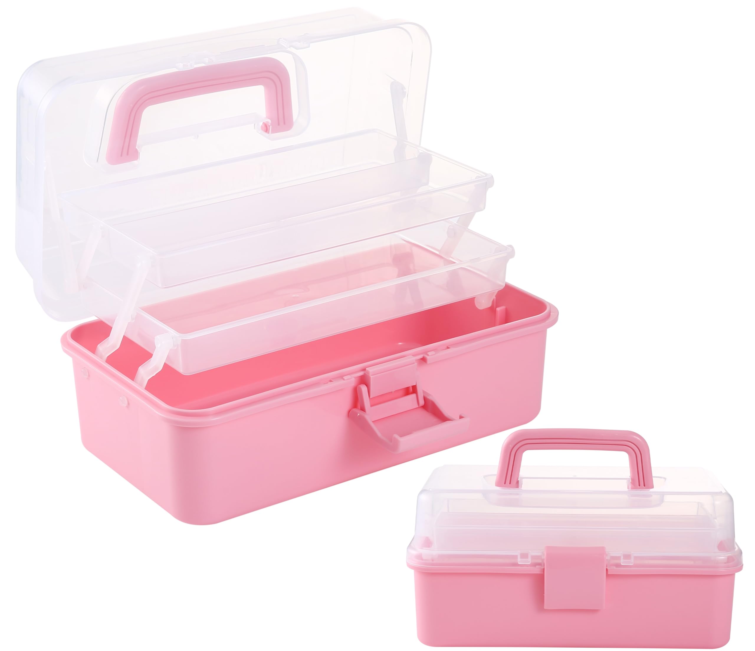 Flower River 11(in) Versatile Three-Layer Folding Organizer Box,Ideal for Art & Crafts,Toys,Sewing Supplies,Jewelry and Tools,Storage with Dual Trays,Elegant Pink