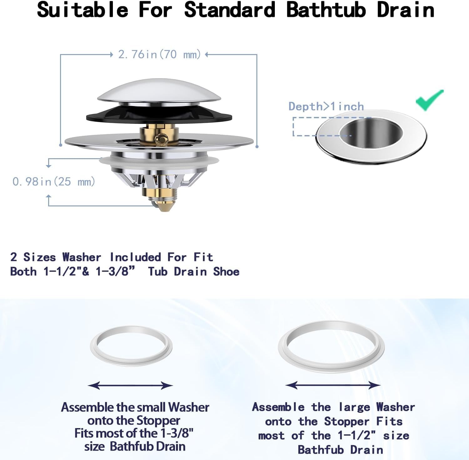 GEKJDMER Universal Tub Stopper Bathtub Drain，Pop Up Bath Drain Tip Toe Bathtub Drain Stopper，Replaces Bath Tub Lift and Turn, Tip-Toe and Trip Lever，Easy to Install and Clean