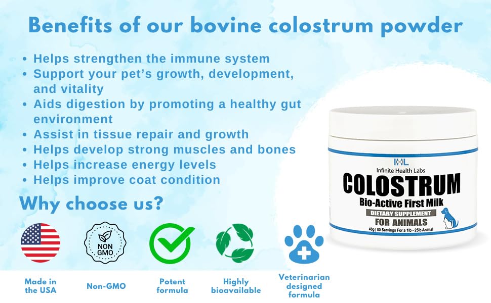 Infinite Health Labs Bio-Active Bovine Colostrum for Dogs, Cats, Puppies, Kittens & Pets - Daily Colostrum Powder Supplement 40g (80 Servings)