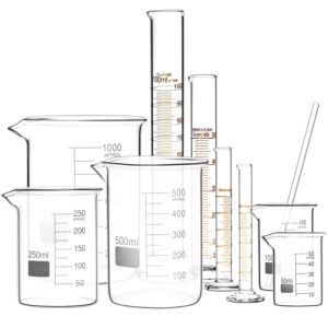 QWORK Thick Glass Measuring Beaker and Graduated Cylinder Set - Perfect for Science Labs, School Projects, and Home Labs, 50/100/ 250/500/ 1000 ml Beakers and 5/10/ 50/100 ml Cylinders