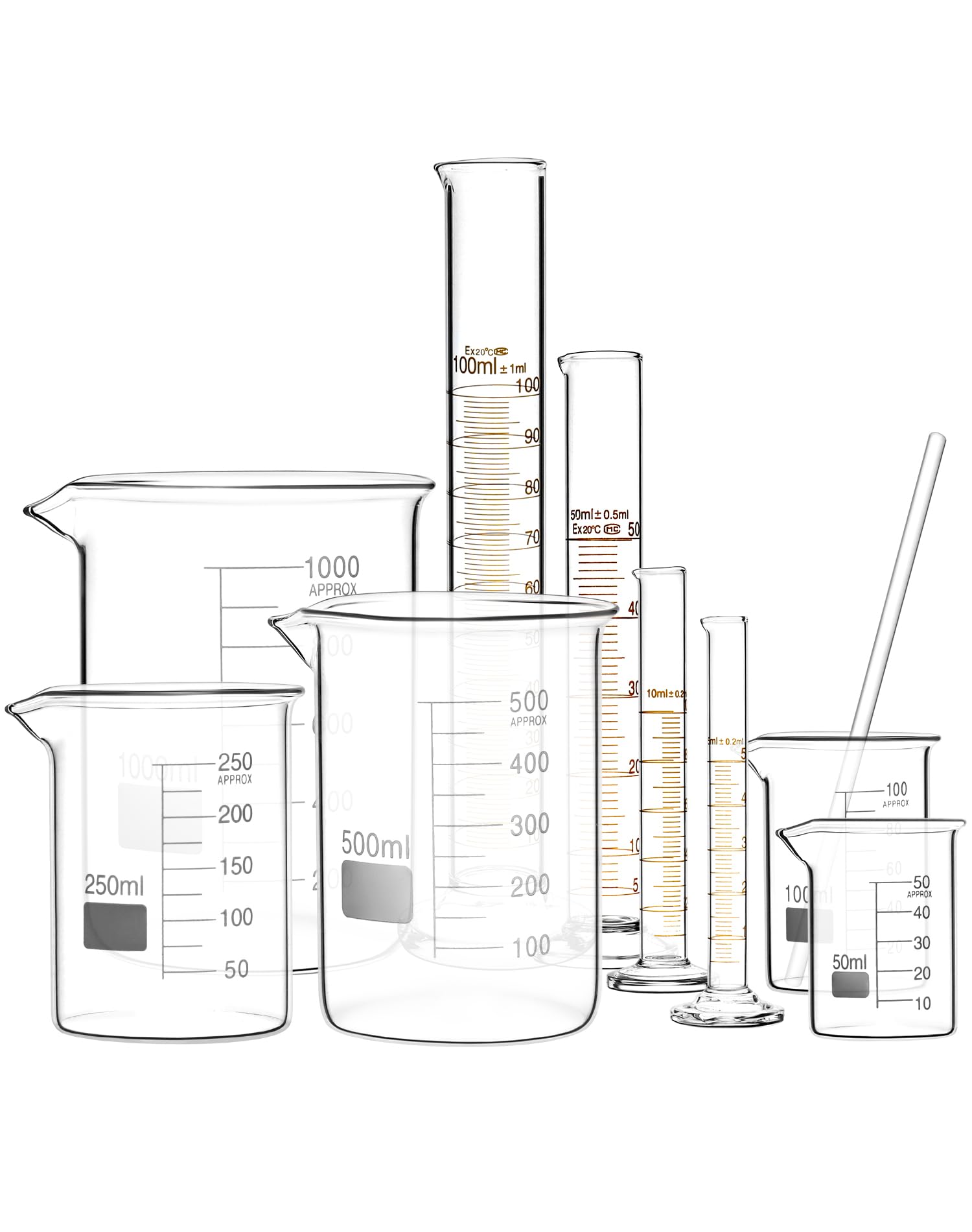 QWORK Thick Glass Measuring Beaker and Graduated Cylinder Set - Perfect for Science Labs, School Projects, and Home Labs, 50/100/ 250/500/ 1000 ml Beakers and 5/10/ 50/100 ml Cylinders