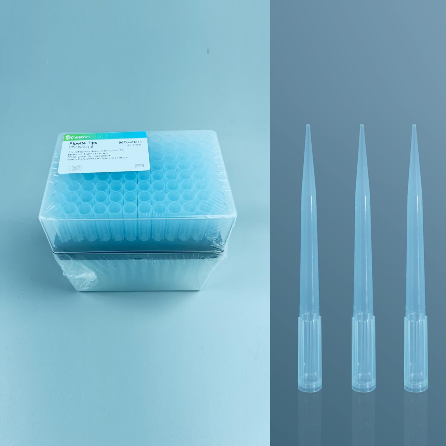 VISOSCI 1000ul Pipette Tips - Universal Pipette Tips - Racked, RNase/DNase Free & Pyrogen Safe, Blue, 96 Tips/Rack