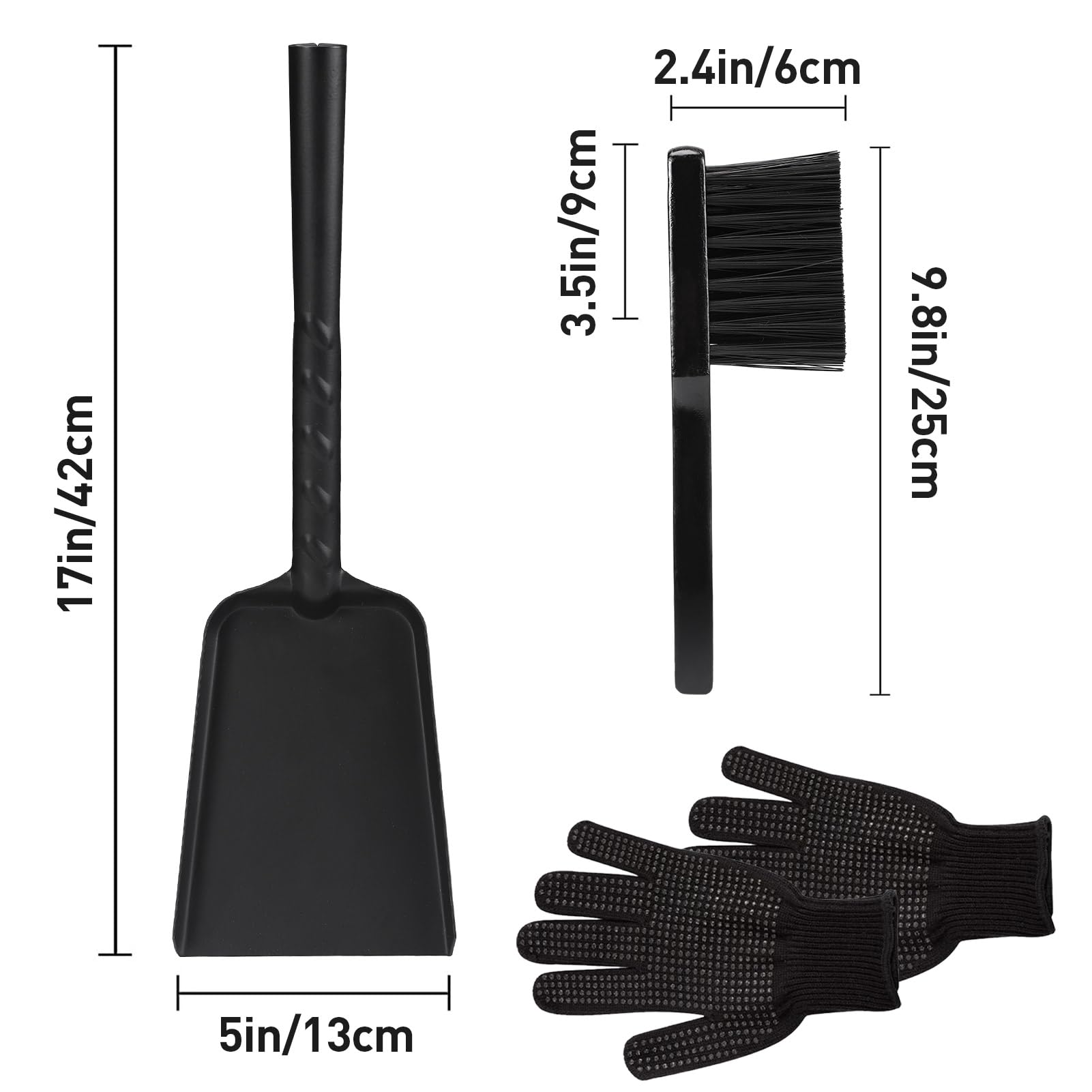 Heavy-duty Metal Fireplace Ash Shovel and Brush Set, Upgraded Coal Shovel and Hearth Brush Set, Large Fireplace Fire Pit Tools with Silicone Gloves for Wood Stove Hearth Cleaning