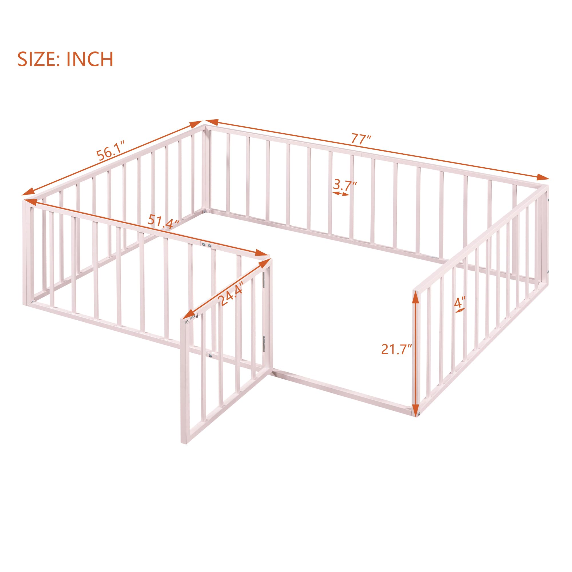 Merax Full Size Metal Floor Bed Frame with Safety Guardrails Fence and Door for Boys,Girls,Teens,Pink