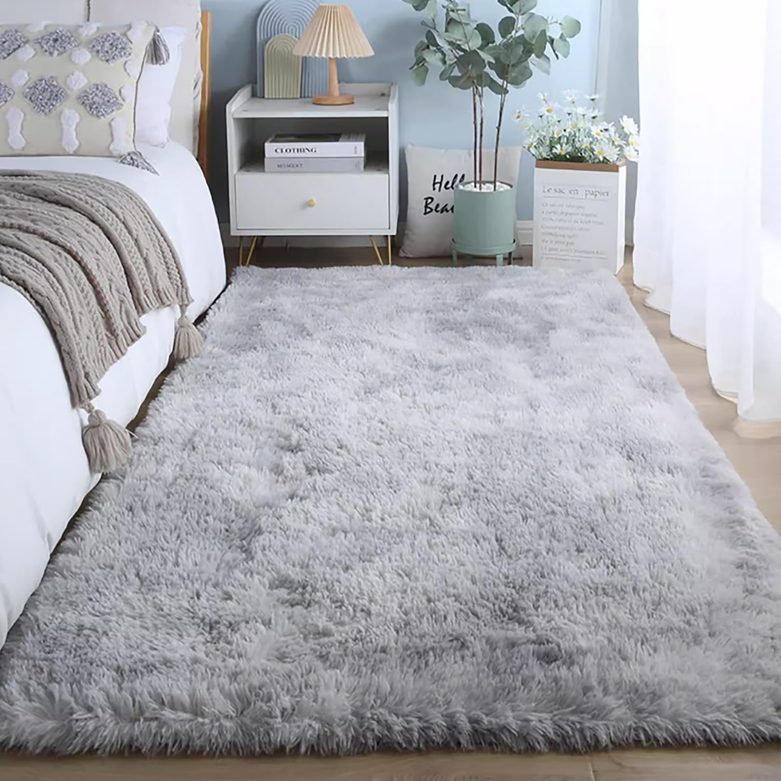 HOUSERAN Shag Area Rug 6’x6' Tie Dyed Grey, Plush Fluffy Fur Rug for Living Room, Square Carpet for Bedroom, Soft Shaggy Rug for Living Room Dorm Nursery